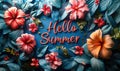 Bright Hello Summer script amidst a lively arrangement of tropical flowers and leaves on a refreshing aqua background Royalty Free Stock Photo