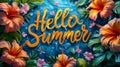 Bright Hello Summer script amidst a lively arrangement of tropical flowers and leaves on a refreshing aqua background Royalty Free Stock Photo