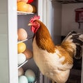 Bright hen looking on colored chicken eggs home refrigerator shelves. Farm at home