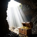 Bright hidden treasure under sunlight rays in cave Royalty Free Stock Photo