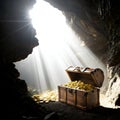 Bright hidden treasure under sunlight rays in cave isolated on white background Royalty Free Stock Photo