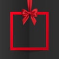 Bright holiday gift box frame banner hanging with red ribbon and silky bow on black background. Vector illustration