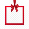 Bright holiday gift box frame banner hanging with red ribbon and silky bow on transparent background. Vector illustration Royalty Free Stock Photo