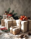 Bright Holiday Gifts with Rustic Touch in Soft Light. Royalty Free Stock Photo
