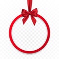 Bright holiday round frame banner hanging with red ribbon and silky bow on transparent background. Vector illustration