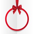 Bright holiday round frame banner hanging with red ribbon and silky bow on white background. Vector illustration Royalty Free Stock Photo