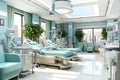 Bright hospital room with medical equipment and plants.