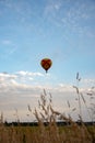 A bright balloon against a blue cloudy sky. In the foreground is blurred ears Royalty Free Stock Photo