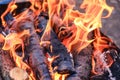 Bright hot coals and burning woods in bbq grill pit. Glowing and flaming charcoal, barbecue, red fire and ash Royalty Free Stock Photo