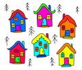 Bright houses and spruce on a white background.