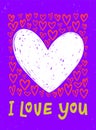 Bright I love you postcard with hearts and I love you inscription. Violet textured poster with empty white heart for Royalty Free Stock Photo