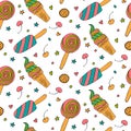 Bright ice cream doodle seamless pattern. Summer dessert, cherry and cookies seamless texture. Hand drawn. Textiles, packaging,