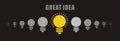 Bright idea concept: on and off light bulbs in row with copy space Royalty Free Stock Photo