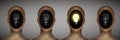 Bright idea concept, row of man heads with bulb inside and one in shine, be creative, Royalty Free Stock Photo