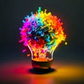 Bright idea and creative thinking, visualization of brainstorming, a colorful glowing 3d idea bulb lamp, generative AI Royalty Free Stock Photo