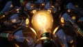 Bright idea glowing in the darkness surrounded by dim light bulbs concept for innovation Royalty Free Stock Photo