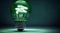 Bright Ideas for a Sustainable Future a green light bulb that is glowing in the dark on plain darkgreen background. Green Eco