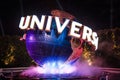 Bright and Illuminated Evening View to the Globe of the Universal Studios Park