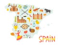 Bright illustrated map of Spain with symbols, icons, famous destinations, attractions Royalty Free Stock Photo