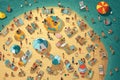 Bright illustration of a beach party where people enjoy the sun and sand, swim and play in the water, dance and have fun. View Royalty Free Stock Photo