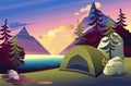 Bright illustration of a camping tent in the woods against the sunset on the lake. Flat 2D flat. Concept for web design