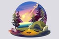 Bright illustration of a campsite, a tent with a fire on the background of the sunset on the lake. Flat 2D character