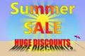 A bright illustration declaring Summer Sale Huge Discounts if lively yellow and red text on a blue background with a dazzling sun