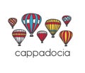 Bright illustration of a famous turkish travel destination Cappadocia and its symbol colorful striped air balloons.