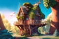 bright illustration house of wood elves on a tree Royalty Free Stock Photo