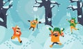 Bright illustration with little kids playing, running and jumping in snow among trees and snowdrifts. Vector hand drawn horizontal Royalty Free Stock Photo