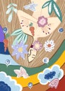 Bright illustration with a naked girl on a background of flowers and a rainbow.