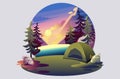 Bright illustration of outdoor recreation, camping, friends near the fire. Flat 2D character