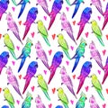 Seamless pattern with bright painted parrots Festive design with birds