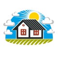 Bright illustration of simple country houses on sunrise b