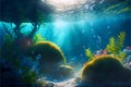Bright illustration of underwater flora with sunbeams and air bubbles.Underwater ocean landscape with light glare. Royalty Free Stock Photo