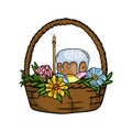 Bright image of a basket with Easter cakes, painted eggs, a church candle and flowers. Illustration for Easter Card
