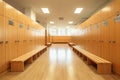 Bright image of football locker room clean and neat. wooden seats. Generative AI