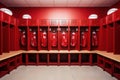 Bright image of football locker room clean and neat. wooden seats. Generative AI