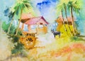 Bright Indian village watercolor painting, illustration Royalty Free Stock Photo