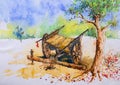 Bright Indian village watercolor painting, illustration Royalty Free Stock Photo