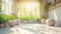 Bright indoor garden with various plants and decorative spheres, natural light streaming in Royalty Free Stock Photo