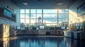 bright industrial control room with large windows, showcasing modern technology and equipment Royalty Free Stock Photo