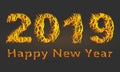 2019 bright inscription, fragments of fiery color. Happy new year on black dark background. Vector illustration.