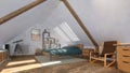 Bright interior of cozy modern bedroom in attic 3D Royalty Free Stock Photo