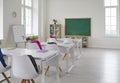 Bright interior of empty classroom without students in modern elementary school. Royalty Free Stock Photo