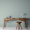 Bright interior mock up, green wall in modern interior with wooden desk and chair.