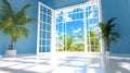 Bright Interior with Palm Trees and Open Window Framing Tropical Sky Royalty Free Stock Photo