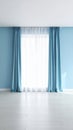 Bright interior room with blue curtains and sheer white curtains in front of a window Royalty Free Stock Photo