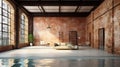 Bright interior of a spacious loft with brick walls, large window, and a swimming pool inside the room. Generative AI Royalty Free Stock Photo