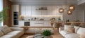 Bright and Inviting Interior Design Featuring Cozy Couches, Pendant Lighting, and Open Kitchen Space Royalty Free Stock Photo